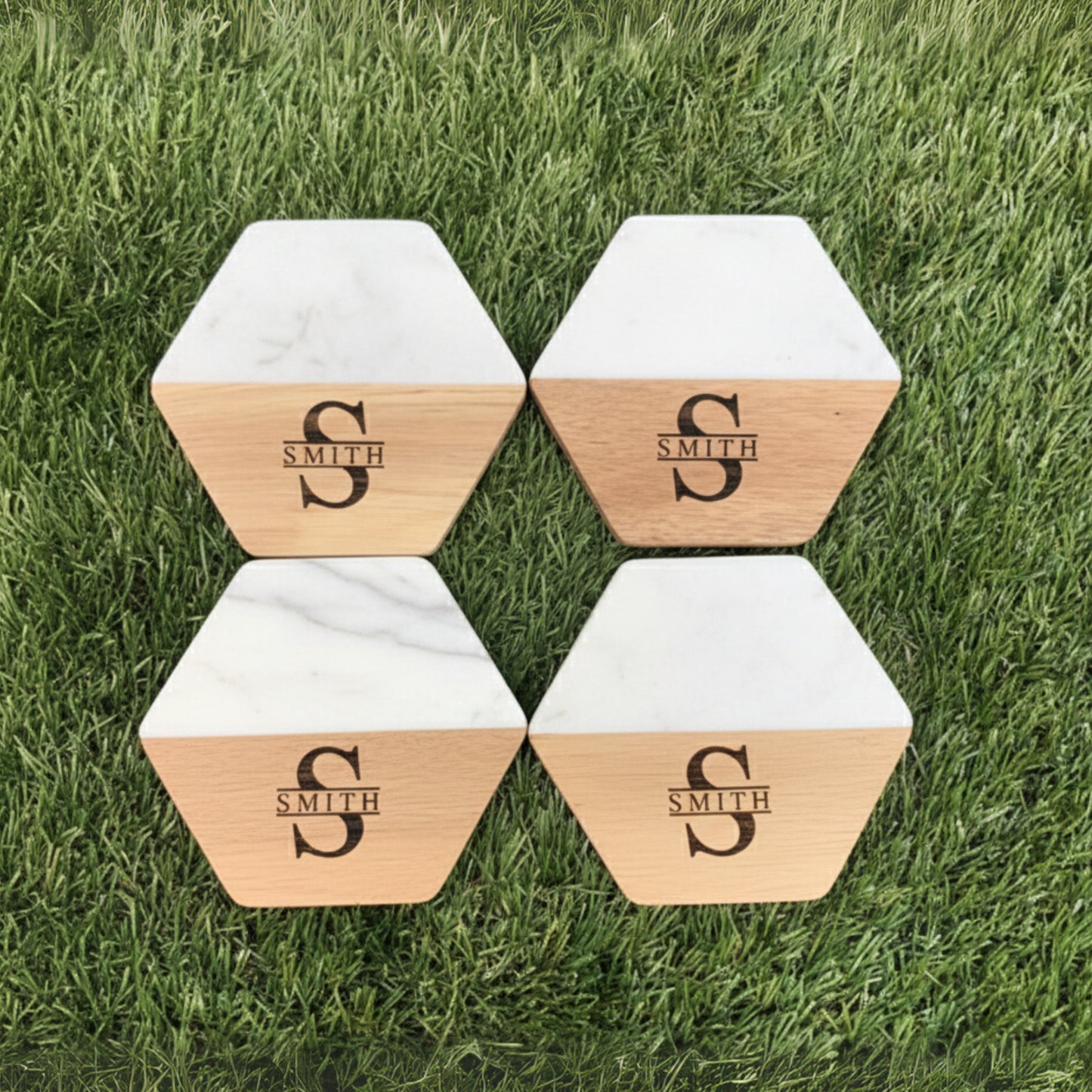 Set of 4 Personalized Marble & Wooden Coasters